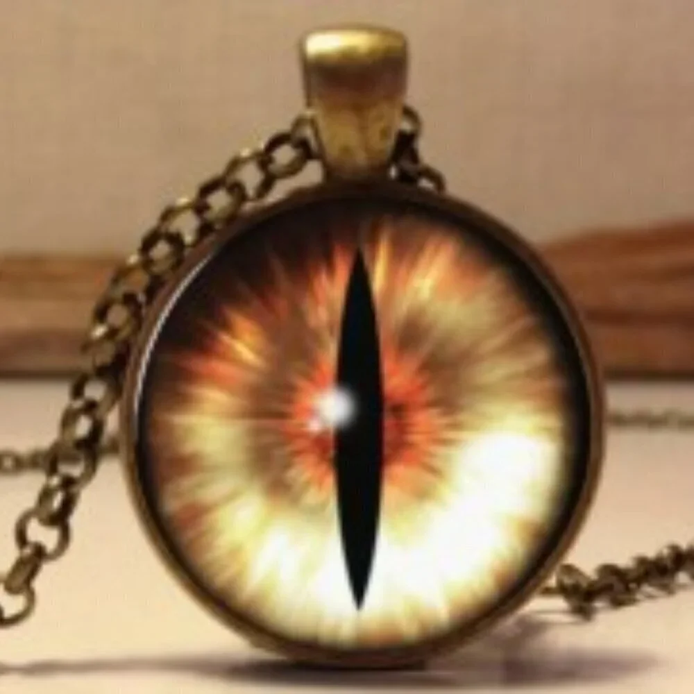 Unisex Longan Cabochon Glass Cats Eye Bronze Chain Pendant Necklace